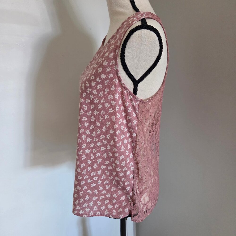 Pink Tank Top Juniors Medium Floral Sleeveless Sheer Lace Back Shirt - Picture 2 of 7